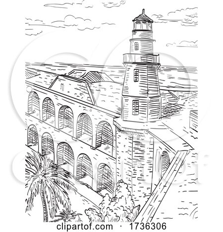 Dry Tortugas National Park Site of Fort Jefferson and Garden Key Lighthouse Florida Woodcut Black and White by patrimonio