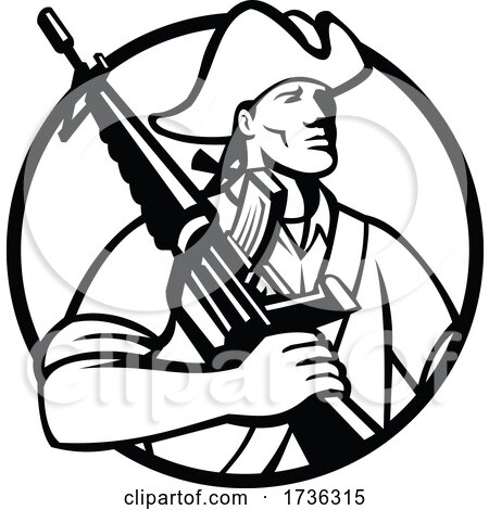 American Patriot Revolutionary Solder with Assault Rifle Mascot Black and White by patrimonio