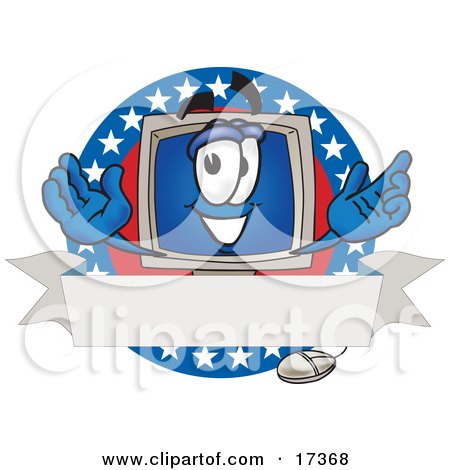 Clipart Picture of a Desktop Computer Mascot Cartoon Character on a Blank Label With an American Theme by Mascot Junction