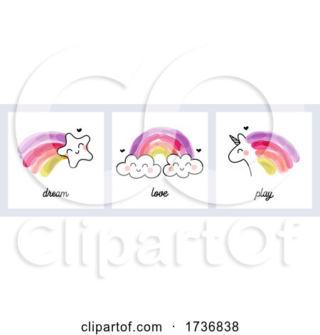 Artistic Illustration of Rainbows with Star Clouds and Unicorn by elena