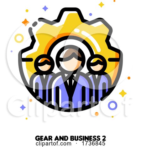 Icon of Three Business Persons on a Background of Gear for Technical Support or Development Optimization Team Concept by elena