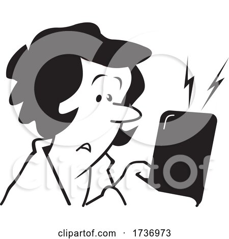 Cartoon Black and White Concerned Woman Receiving a Text Message by Johnny Sajem
