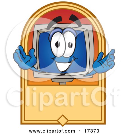 Clipart Picture of a Desktop Computer Mascot Cartoon Character on a Blank Tan Label by Mascot Junction
