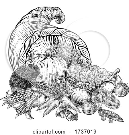 Cornucopia Horn Produce Vegetables Vintage Woodcut by AtStockIllustration