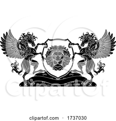 Crest Pegasus Horses Coat of Arms Lion Shield Seal by AtStockIllustration