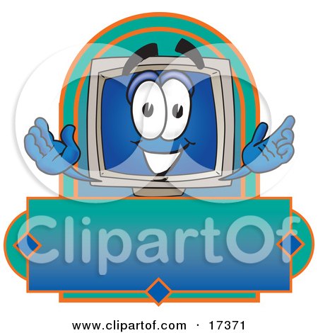 Clipart Picture of a Desktop Computer Mascot Cartoon Character on a Blank Label by Mascot Junction