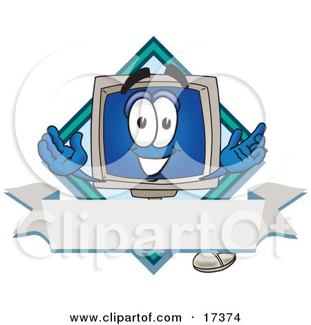 Clipart Picture of a Desktop Computer Mascot Cartoon Character on a Label With a Blank Banner and Diamond by Mascot Junction