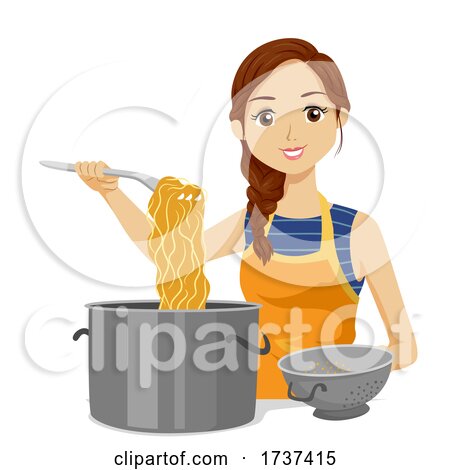Teen Girl Cook Pasta Colander Illustration by BNP Design Studio