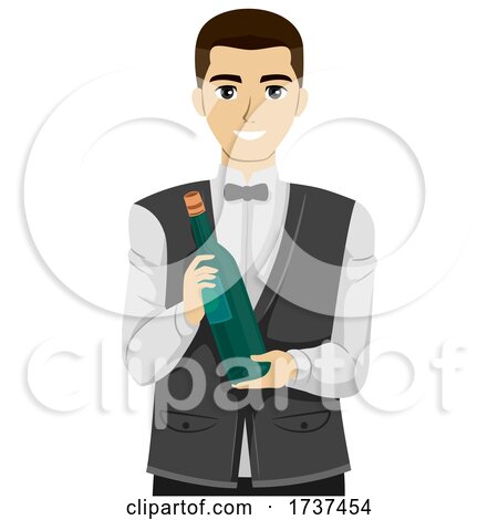 Teen Guy Waiter Hold Wine Bottle Illustration by BNP Design Studio