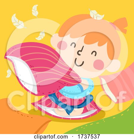 Kid Girl Squeezing Pillow Feathers Illustration by BNP Design Studio