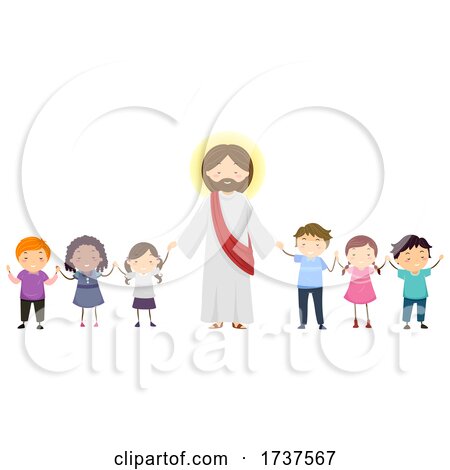 Stickman Kids Hold Hands Jesus Pray Illustration by BNP Design Studio