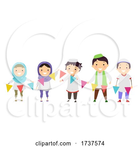 Stickman Kids Muslim Hold Buntings Illustration by BNP Design Studio