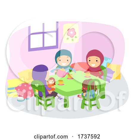 Stickman Kids Girls Muslim Tea Party Illustration by BNP Design Studio
