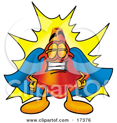 Clipart Picture of a Traffic Cone Mascot Cartoon Character Dressed as a Super Hero by Mascot Junction