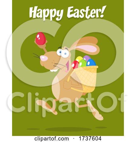 Bunny Running with an Egg with Happy Easter Text on Green by Hit Toon