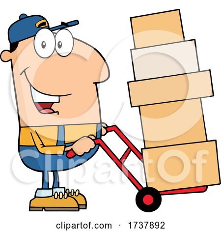 Delivery Man Using a Hand Truck to Move Boxes by Hit Toon