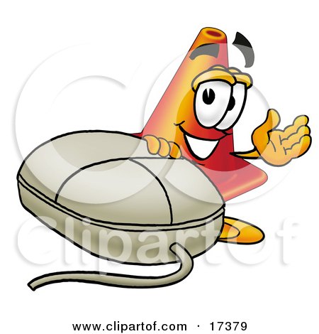 Clipart Picture of a Traffic Cone Mascot Cartoon Character With a Computer Mouse by Mascot Junction