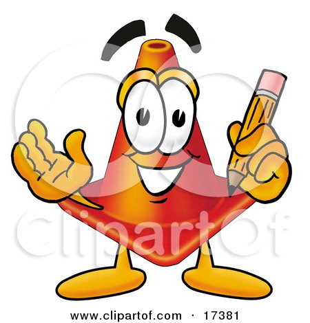 Clipart Picture of a Traffic Cone Mascot Cartoon Character Holding a Pencil by Mascot Junction