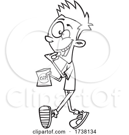 Cartoon Black and White Teen Boy Walking and Snacking by toonaday