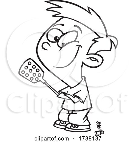 Cartoon Black and White Boy Standing Proud with a Vanquished Fly by toonaday