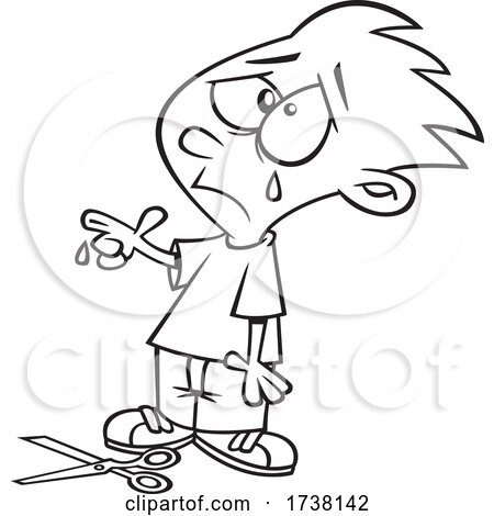 Cartoon Black and White Boy Crying over a Scissor Cut by toonaday