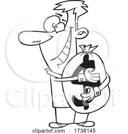 Cartoon Black and White Man Hugging a Money Bag by toonaday