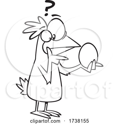 Cartoon Black and White Chicken Pondering over an Egg and Which Came First by toonaday