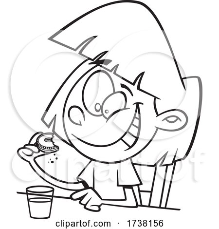 Cartoon Black and White Girl Eating a Cookie with Milk by toonaday