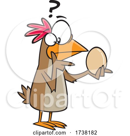 Cartoon Chicken Pondering over an Egg and Which Came First by toonaday