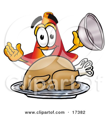 Clipart Picture of a Traffic Cone Mascot Cartoon Character Serving a Thanksgiving Turkey on a Platter by Mascot Junction