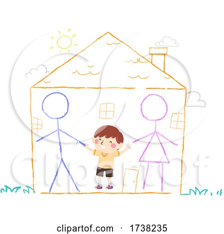 Kid Boy Draw Chalk Parents Home Happy Illustration by BNP Design Studio