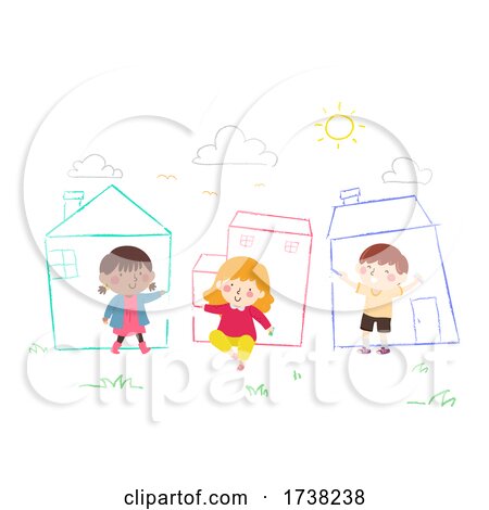 Kids Draw Chalk Houses Sky Grass Illustration by BNP Design Studio