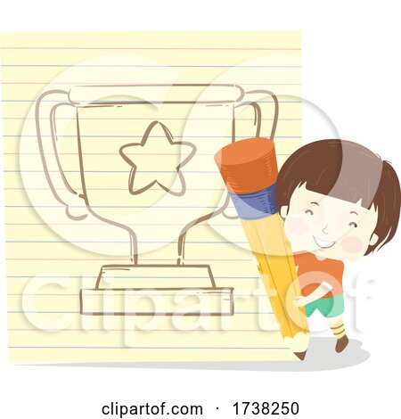 Kid Boy Big Pencil Paper Draw Trophy Illustration by BNP Design Studio
