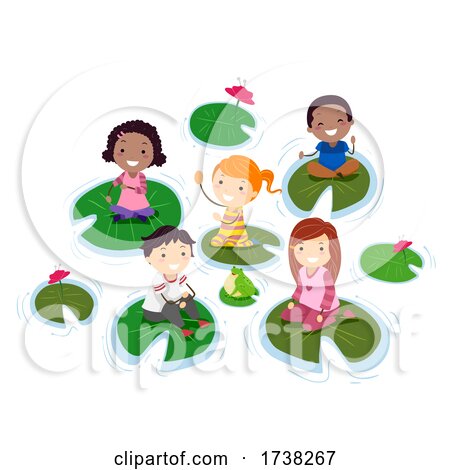 Stickman Kids Pond Sit Lily Pads Frog Illustration by BNP Design Studio