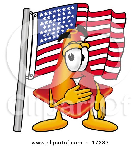 Clipart Picture of a Traffic Cone Mascot Cartoon Character Pledging Allegiance to an American Flag by Toons4Biz