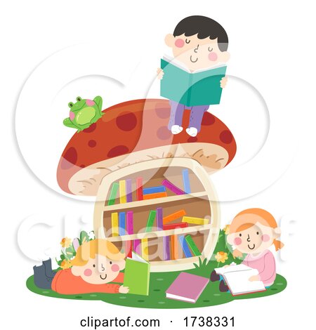 Kids Read Mushroom Bookshelf Outdoors Illustration by BNP Design Studio