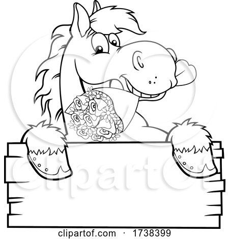 Black and White Horse with a Rose Boquet over a Sign by Hit Toon