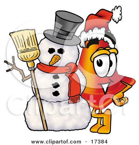 Clipart Picture of a Traffic Cone Mascot Cartoon Character With a Snowman on Christmas by Mascot Junction