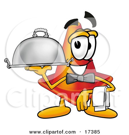 Clipart Picture of a Traffic Cone Mascot Cartoon Character Dressed as a Waiter and Holding a Serving Platter by Mascot Junction