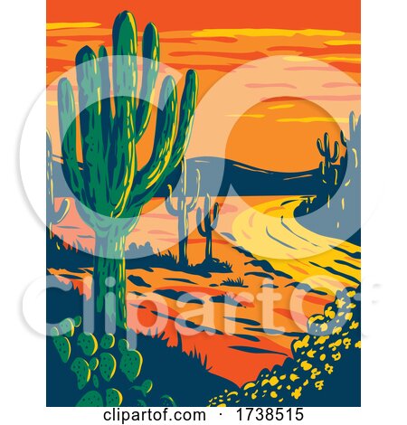 Saguaro Cactus at Dusk in Saguaro National Park in Tucson Arizona National Park California WPA Poster Art by patrimonio