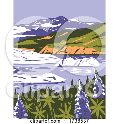 WrangellSt Elias National Park and Preserve with Purple Lupins in Nizina Lake in Alaska WPA Poster Art by patrimonio