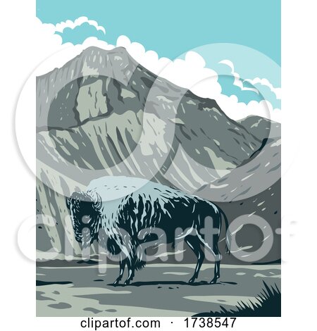 American Bison with Eagle Peak Mountain in Yellowstone National Park Wyoming United States of America WPA Poster Art by patrimonio