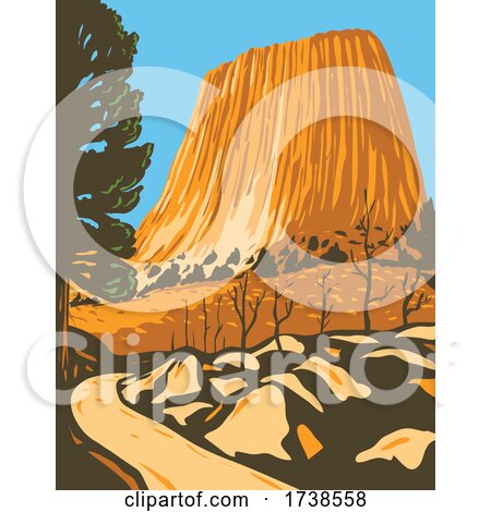 Devils Tower National Monument in Bear Lodge Ranger District of the Black Hills in Wyoming WPA Poster Art by patrimonio