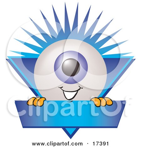 Clipart Picture of an Eyeball Mascot Cartoon Character on a Blue Business Label by Mascot Junction