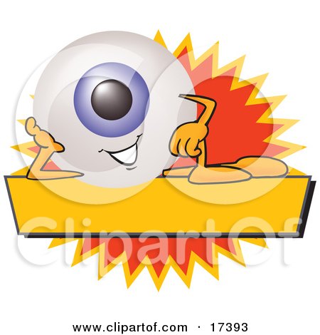 Clipart Picture of an Eyeball Mascot Cartoon Character on a Blank Yellow and Orange Label by Mascot Junction