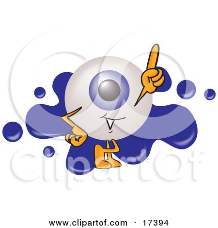 Clipart Picture of an Eyeball Mascot Cartoon Character Pointing Upwards and Standing in Front of a Blue Paint Splatter on a Logo by Mascot Junction