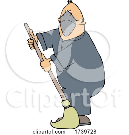 Cartoon Male Custodian Wearing a Mask and Mopping by djart