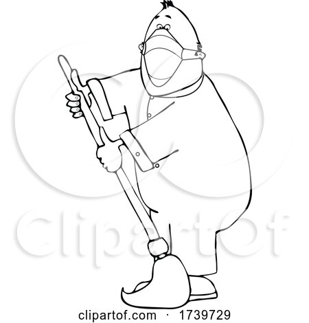 Cartoon Black and White Male Custodian Wearing a Mask and Mopping by djart