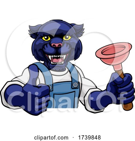 Panther Plumber Cartoon Mascot Holding Plunger by AtStockIllustration