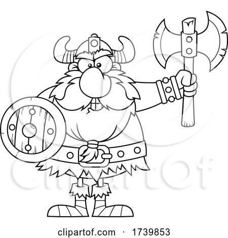 Black and White Viking Warrior Holding an Axe and Shield by Hit Toon